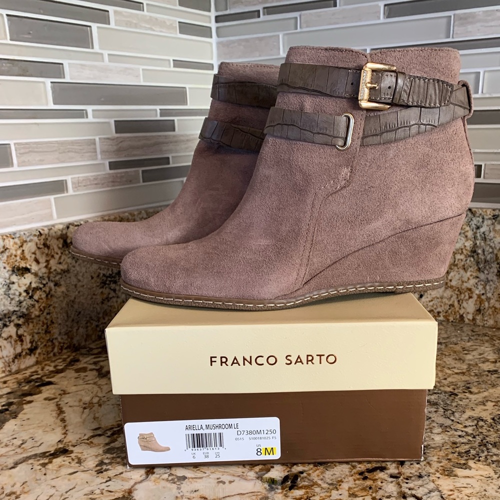 Franco Sarto tan leather suede wedge ankle boots size 8
